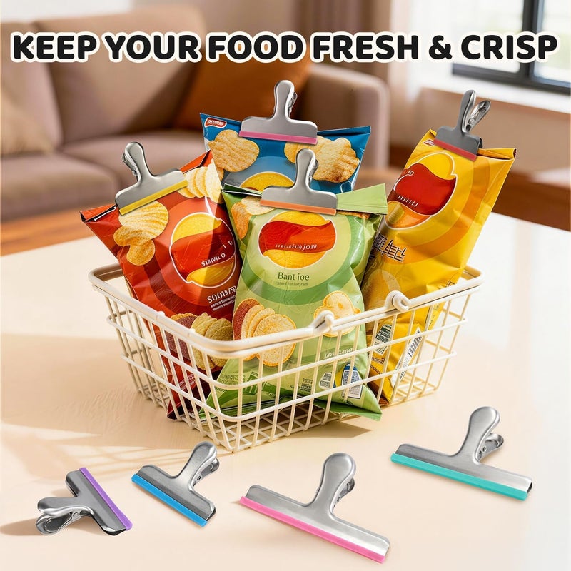HOUSE AGAIN 8 Pack Stainless Steel Chip Bag Clips Covered with Silicone - NO More Sharp Edges - Color Coded for Upgrade Wide Open Food Bags, Heavy Duty for Kitchen and Office, (4 x L, 4 x S) - Image 3